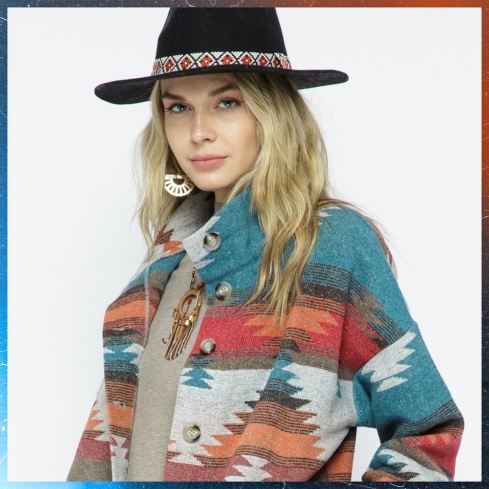 LUX BRAND Aztec Print Button Up Soft & Cozy Jacket W/Stand-Up Collar & Pockets - Picture 9 of 16